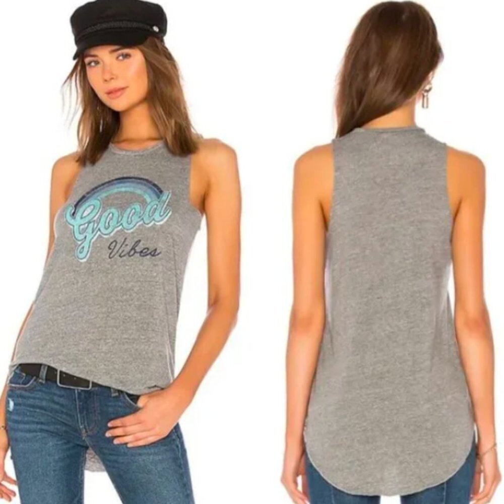 ☀️ CHASER Good Vibes Gray Racerback Tank Top XS Casual Graphic Boho Cute